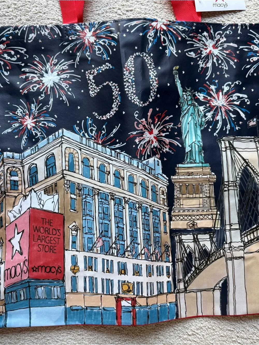 Macy's 50 NYC Fireworks Reusable Tote Bag Statue Liberty Brooklyn Bridge 21x18x7